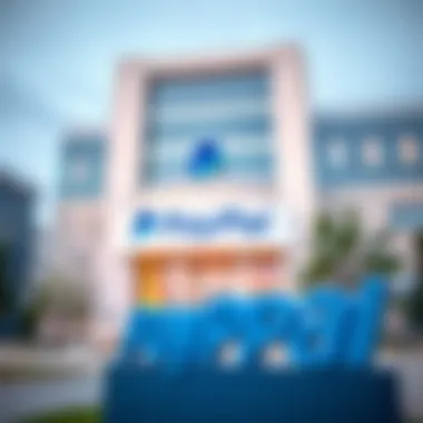 Modern banking building with PayPal branding in foreground