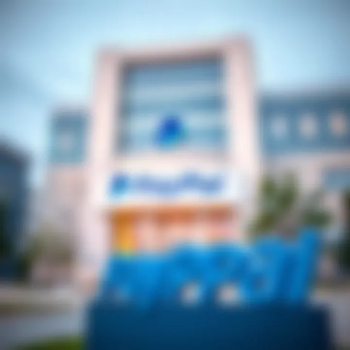 Modern banking building with PayPal branding in foreground