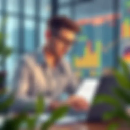 A focused entrepreneur analyzing market trends and data on a laptop