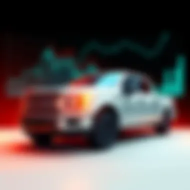 A scenic view of a pickup truck parked against a backdrop of market trend graphs.