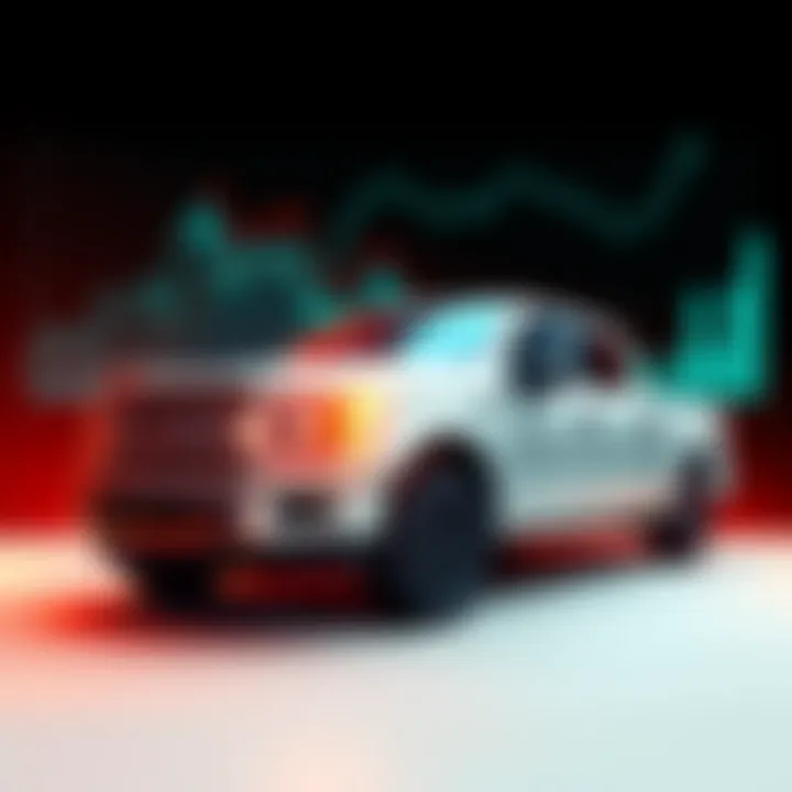 A scenic view of a pickup truck parked against a backdrop of market trend graphs.
