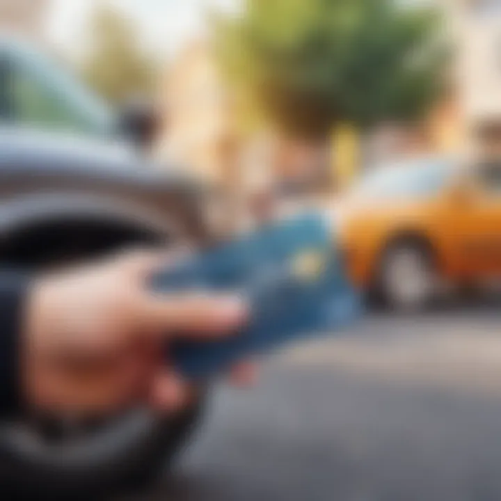 A hand holding a Care Credit card in front of a car