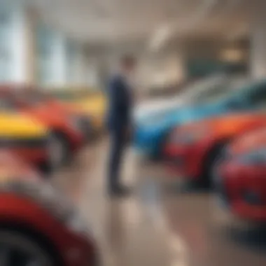 Evaluating Options at the Dealership A person evaluating different car models at a dealership, illustrating decision-making in leasing.