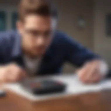 A person contemplating financial options with a calculator and papers