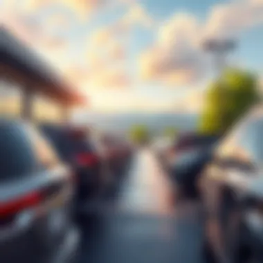 A scenic view of a dealership lot with various cars available