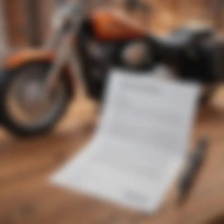 A close-up of a Harley Davidson loan agreement document on a wooden table.