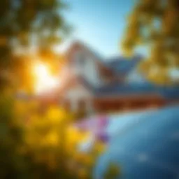 A modern home with solar panels reflecting sunlight