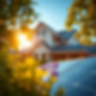 A modern home with solar panels reflecting sunlight