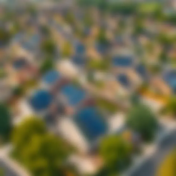 Aerial view of a neighborhood with solar installations
