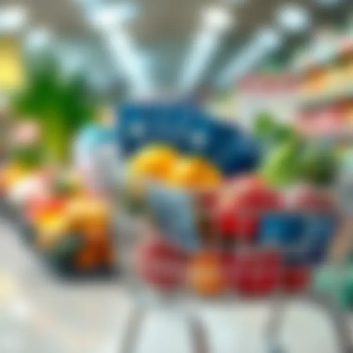 Grocery Cart with Amex Cards A close-up view of a grocery cart filled with fresh produce and Amex cards.