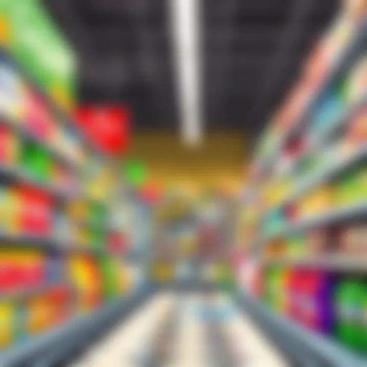 Grocery Store Aisle with Eligible Brands A vibrant grocery store aisle showcasing various brands eligible for Amex rewards.