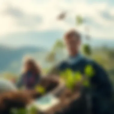 Visual depiction of individuals and organizations reducing carbon footprint